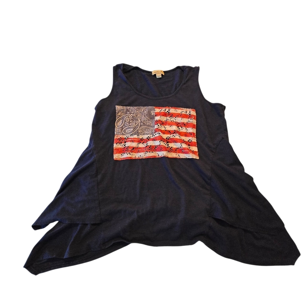 One World Navy Blue Flowy Tank Top W/Patriotic Lace USA Flag Size M D56